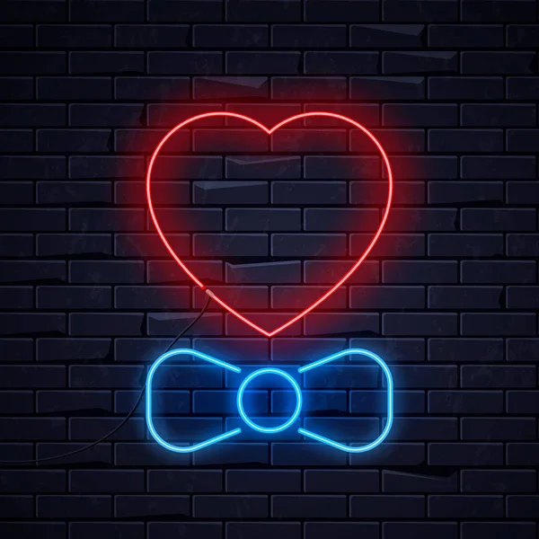 Illuminated neon heart and bow tie sign frame light electric banner glowing on black brickwall background.Valentines Day, sex shop, bar concept.Neons sign bow tie, heart shape poster, signboard, billboard — стоковый вектор