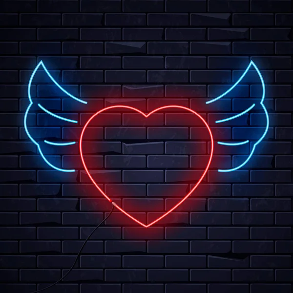 Illuminated neon heart angel wings sign frame light electric banner glowing,black brickwall background.Valentines Day,sex shop,bar concept.Neons sign angel wings heart shape poster,signboard,billboard — Stock Vector