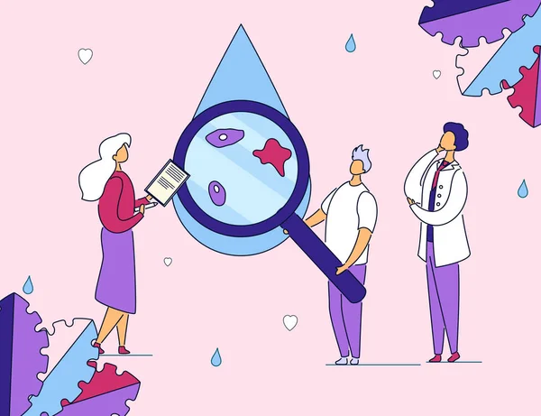 Colorful modern flat cartoon characters business preservation,analysis,clean water production concept.Flat style outline character little doctor people work-analyze,research waterdrop with magnifier — Stock vektor