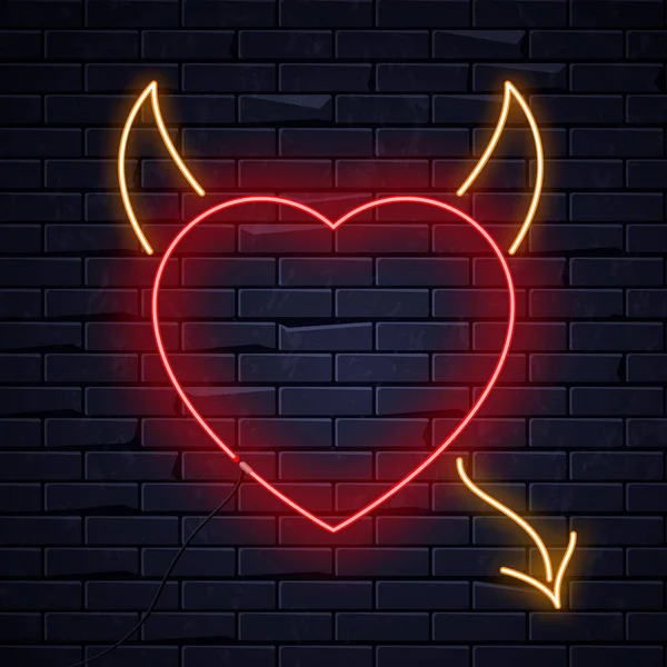Illuminated neon heart devil horns tail sign frame light electric banner glowing,black brickwall background.Valentines Day,sex shop,bar concept.Neons sign heart devil shape poster,signboard,billboard — Stock Vector