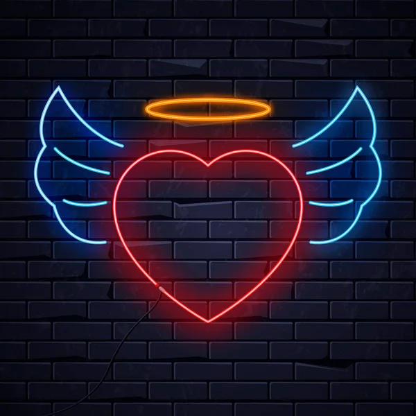 Illuminated neon heart, angel wings, halo sign light electric banner glowing, black brickwall background.Valentines Day, sex shop, bar concept.Neons sign wings, halo, heart shape poster, signboard, billboard — стоковый вектор