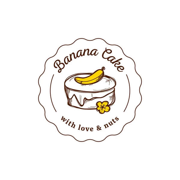Торт векторний логотип в вінтажному стилі. Десертна ілюстрація. Дизайн хлібобулочних виробів, значок солодкого кондитерського цеху. Весільний торт бізнес символ дизайн шаблон з квіткою і бананом . — стоковий вектор