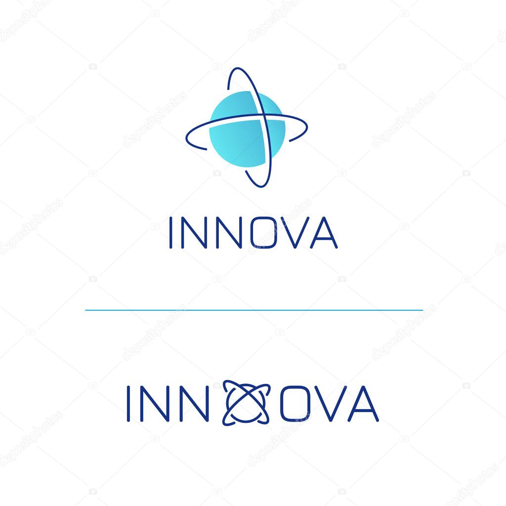 Logo template with molecule idea for medical clinic scientific business service, drugs, pills, innovation startup. Simple line microbiology icon, genetic lab emblem.