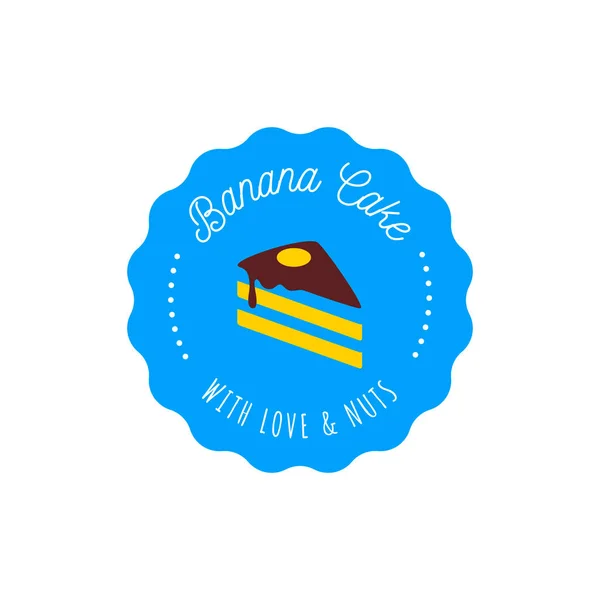 ビンテージ スタイルのケーキのベクトルのロゴ。デザートのイラストです。パン屋さんのラベルのデザイン、甘いペストリー ショップ アイコン。花とバナナとウェディング ケーキ ビジネス シンボルのデザイン テンプレート. — ストックベクタ