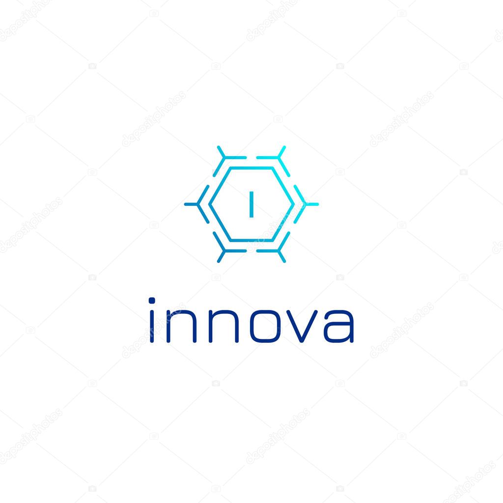 Logo template with molecule idea for medical clinic scientific business service, drugs, pills, innovation startup. Simple line microbiology icon, genetic lab emblem.