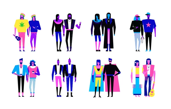 Colorful flat line characters,subculture music genre apparel style concept.Flat people outfit styles diversity-hipster,hip hop,rap,punk,hippie,rock,metal,goth,reggae genres on white background — Wektor stockowy