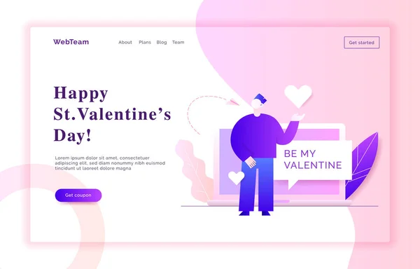 Valentijnsdag romantisch man liefhebber in roze en violet verloopkleuren vlakke stijl design concept met grote moderne karakter. Liefde webbanner — Stockvector