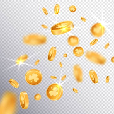 3D altın şanslı paralar Saint Patrick Day geleneksel sembolü shamrock üç yaprak yonca-modern trendy el ilanı kavram şeffaf arka plan, mockup banner tasarımı, afiş, broşür, web online kavramı ile