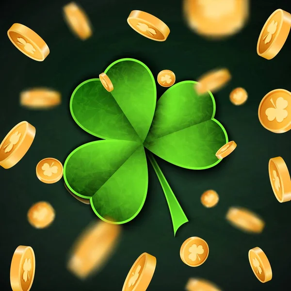 3D altın şanslı sikke ve Saint Patrick Day geleneksel sembolü shamrock üç yaprak yonca-modern trendy el ilanı kavram şeffaf arka plan, mockup banner tasarımı, afiş, broşür, web online kavramı üzerinde — Stok Vektör