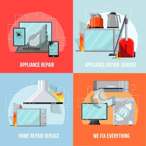 Modern flat repair service concept-damaged consumer electronics home appliances,vector banners set.Broken household goods-small business flyer banner concepts,ready to use copy space — Stock Vector