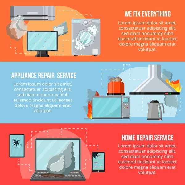 Modern flat repair service concept-damaged consumer electronics home appliances,vertical banners with copy space vector set.Broken household goods-small business flyer banner concepts, ready to use — Stock Vector