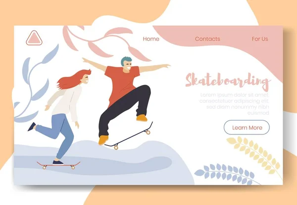 Modern cartoon flat characters doing sport activity, landing page banner web online concept of healthy lifestyle, ready to use design.Flat cartoon people smiling boy girl skateboarding, exercising — стоковый вектор