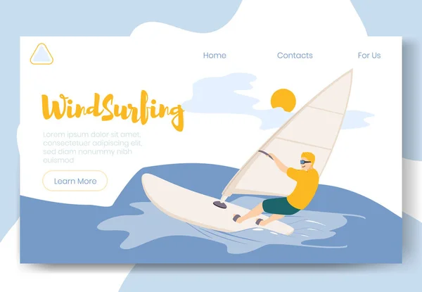 Modern flat cartoon character doing sport activity, landing page banner web online concept of healthy lifestyle, ready to use design.Flat cartoon man windsurfing, sporting, sea surfing on wave — стоковый вектор