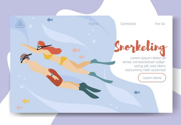 Moderni personaggi dei cartoni animati piatti che fanno attività sportiva, banner di pagina di atterraggio concetto online di stile di vita sano, pronto all'uso design.Flat persone dei cartoni animati immersioni, snorkeling, sport subacquei — Vettoriale Stock