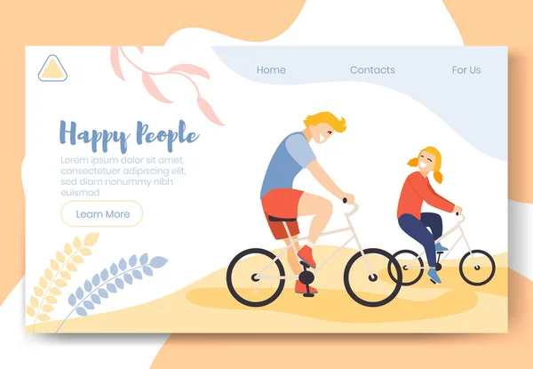 Modern cartoon flat characters doing sport activity,landing page banner web online concept of healthy lifestyle,ready to use design.Flat cartoon people smiling boy girl riding on bikes,exercising — Stock Vector