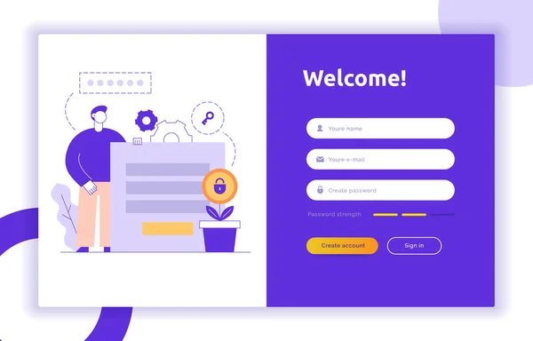 Login Ui Ux-ontwerp en illustratie met grote moderne mensen, ingangen, privacy pictogrammen en formulieren. Vector website gebruiker interface inloggen, aanmelden van de formuliersjabloon. Online web journaal. — Stockvector