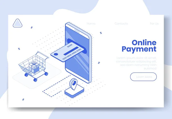 Concept de conception isométrique numérique ensemble d'icônes 3D d'application de paiement en ligne.Symboles d'entreprise de finance isométrique-téléphone mobile, carte de crédit, panier, boîte-cadeau, géotag sur la bannière de page de renvoi concept web en ligne — Image vectorielle
