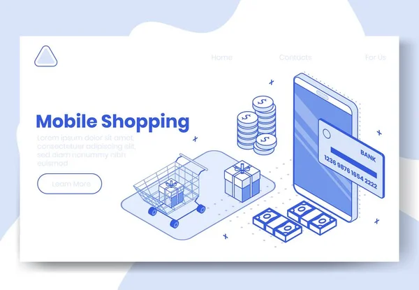 Digital isometric design concept set of mobile shopping app 3d icons.Isometric finance business symbols-mobile phone,credit card,package boxes,cash money on landing page banner web online concept — Stock Vector