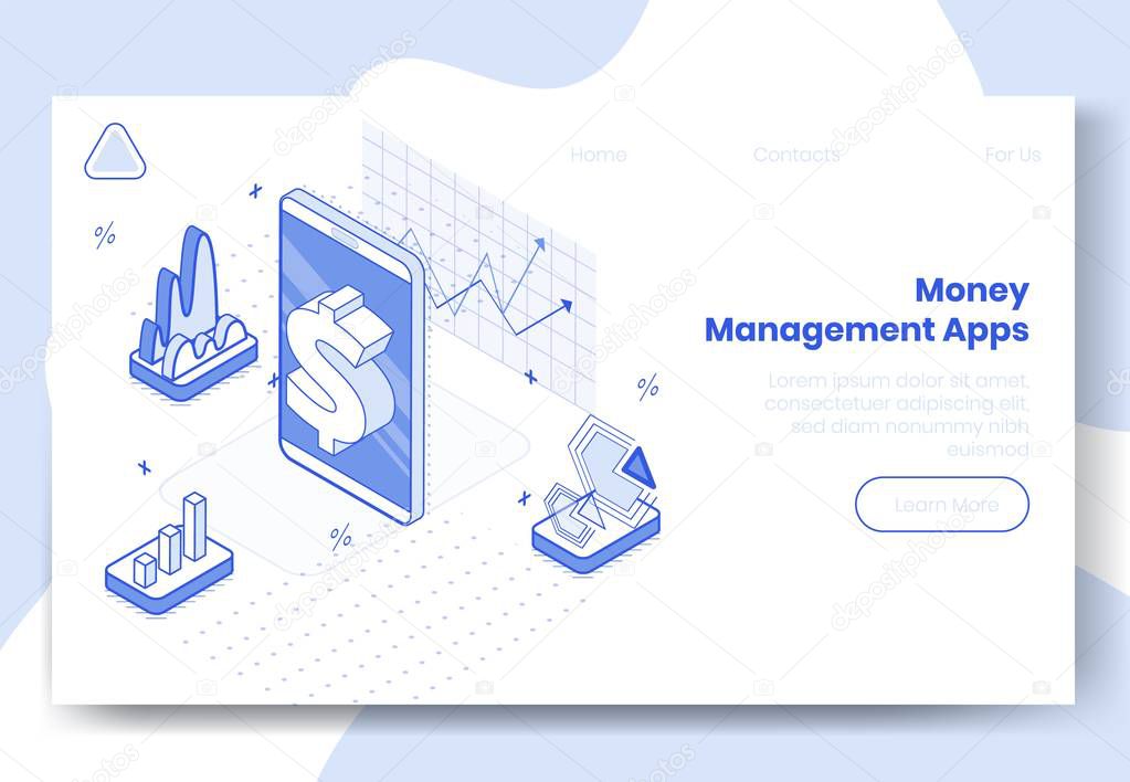 Digital isometric design concept set of money managment app 3d icons.Isometric business finance symbols-mobile phone,infographics,graphs,dollar icon,diagrams on landing page banner web online concept
