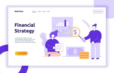 Vektör Finans ve iş stratejisi web afiş tasarım şablonu Büyüteç'i ve kontrol listesi veri grafiği önünde tutan kadın. Para, yatırım ve finansal illüstrasyon