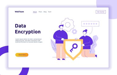 Vektör veri şifreleme web sayfası online banner şablon adam ve anahtar simgesi tutan kadın. Gizlilik kavramı illüstrasyon