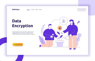 Vektör veri şifreleme web sayfası online banner şablon erkek ve kadın hakkında gizlilik bitki bakımı ile. Koruma konsept illüstrasyon