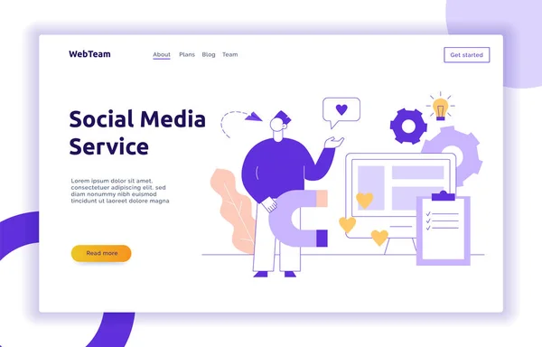 Publicidade vetorial e marketing social media service strategy web page banner design template with big modern flat line man. Pessoa segurando ímã e bate-papo bolha com ilustração do coração . — Vetor de Stock