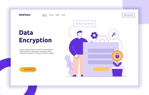 Plantilla de banner en línea de página web de encriptación de datos vectoriales con formulario de inicio de sesión. Concepto de privacidad ilustración — Vector de stock