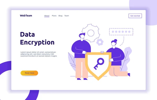 Vektör veri şifreleme web sayfası online banner şablon adam ve anahtar simgesi tutan kadın. Gizlilik kavramı illüstrasyon — Stok Vektör