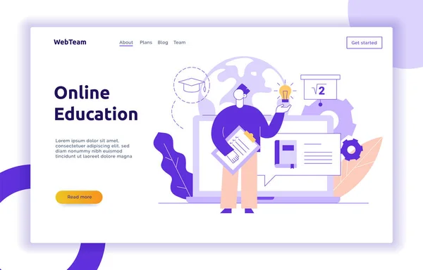 Vector online onderwijs webpagina banner concept met grote moderne man holding gloeilamp en checklist. Virtuele school illustratie ontwerpsjabloon — Stockvector