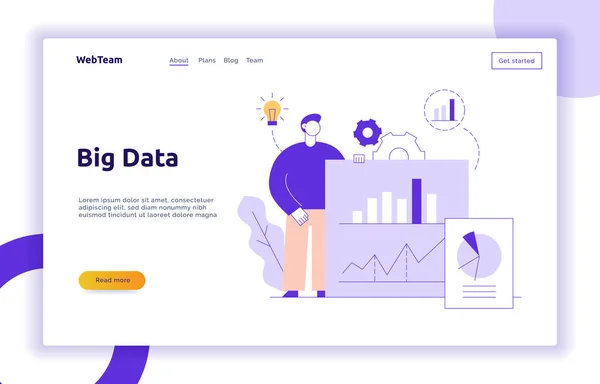 Vektör büyük veri web sayfa afiş konsept tasarım şablonu grafik tutan büyük çağdaş düz çizgi adamla. Grafikler, çarkları, ampul ile araştırma ve analitik illüstrasyon — Stok Vektör