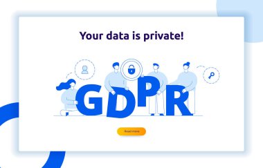 Gdpr konsept illüstrasyon büyük modern insanlar, gizlilik simgeler, harfleri ile. Genel veri koruma Yönetmeliği web afiş. Vektör Web sitesi kahraman resim tasarım şablonu