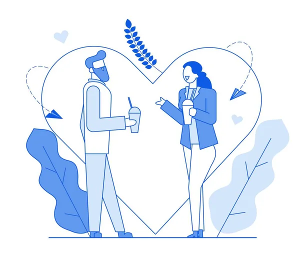 Modern cartoon flat line people characters romantic talking, thin contour style illustration.Young hipster character people dating, love conversation, woman and man talk, happy romantic time together — стоковый вектор