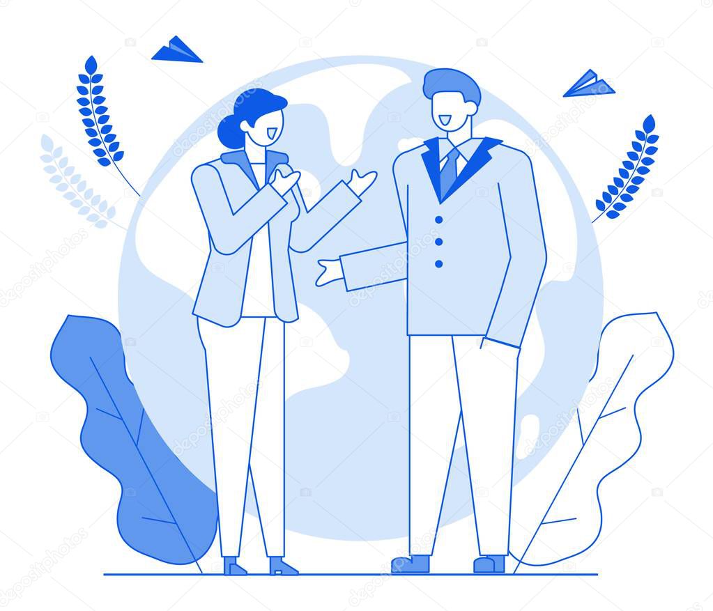 Modern cartoon flat line people characters talking,thin contour style illustration.Outline young character people business conversation,woman and man discuss talk,work discussion