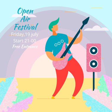 Modern çizgi film düz karakter müzik grubu gitarist Müzik Festivali, konser, açık hava Festivali, vektör elle çizilmiş tarzı. Gitar ve iskambil müzik, caz, rock, blues, rockabilly hoparlörler ile müzisyen