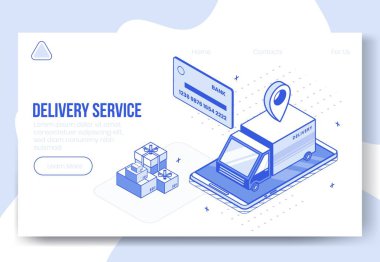 3d dağıtım uygulaması ikonlarının dijital izometrik tasarım seti. Isometric business finanse sembolleri-kamyon, banka kartı, paket kutuları, iniş sayfası internet konseptinde coğrafi etiket.