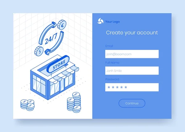 Cyfrowy układ izometryczny koncepcja zestaw ikon 3d aplikacji finansowych walutowych, gotowy do użycia logowania, tworzenie konta, formularz rejestracji online. Izometryczne firmy finansowe symbole, koncepcja online w sieci web — Wektor stockowy