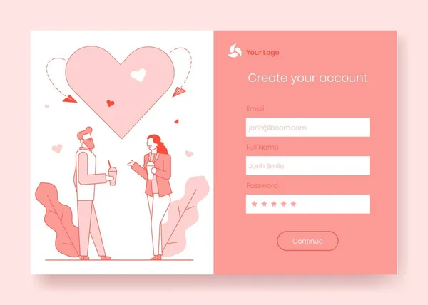 Personajes de dibujos animados modernos personajes planos románticos que hablan escena conceptual listo para usar para la aplicación móvil, iniciar sesión, crear cuenta, formulario en línea de registro de página de Internet. — Vector de stock