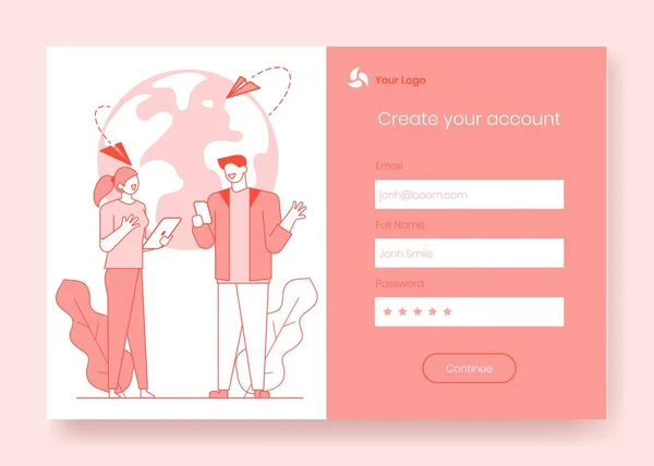 Moderna cartoon platt personer tecken vänner pratar konceptet scen redo att använda för mobila app, logga in, skapa konto, internet sida online registreringsformuläret. Media sociala nätverk webbsida koncept — Stock vektor
