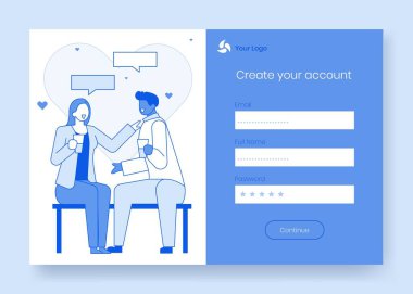 Modern çizgi düz insanlar karakter kavramı sahne mobil sohbet app için kullanın, hesabınızda oturum açın, hesap, Internet sayfası kayıt online formu oluşturmak hazır konuşmak hoşuma gidiyor. Medya sosyal ağ web sayfası kavramı