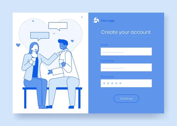 Moderne Cartoon flache Menschen Charaktere lieben reden Konzept Szene bereit für mobile Chat-App verwenden, melden Sie sich an, erstellen Sie ein Konto, Internet-Seite Registrierung online form.media Social Network Web-Seite-Konzept — Stockvektor