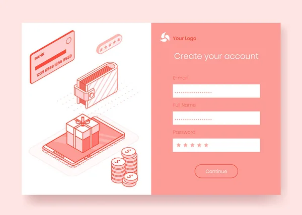 オンライン配信のデジタル等尺性デザイン コンセプト セット ショップ アプリ 3 d アイコン、サインインを使用して、アカウント、オンラインの登録フォームを作成する準備ができて。等尺性金融ビジネスのシンボル、インター ネット ページの概念 ストックイラスト
