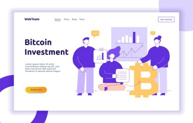 Vektör Bitcoin yatırım modern düz çizgi illüstrasyon ile büyük trendy insanlar. Finansal strateji web sitesi afiş tasarım kavramı.