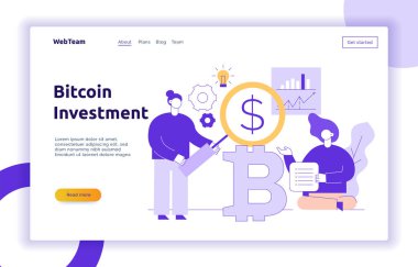 Vektör Bitcoin yatırım modern düz çizgi illüstrasyon ile büyük trendy insanlar. Finansal strateji web sitesi afiş tasarım kavramı.