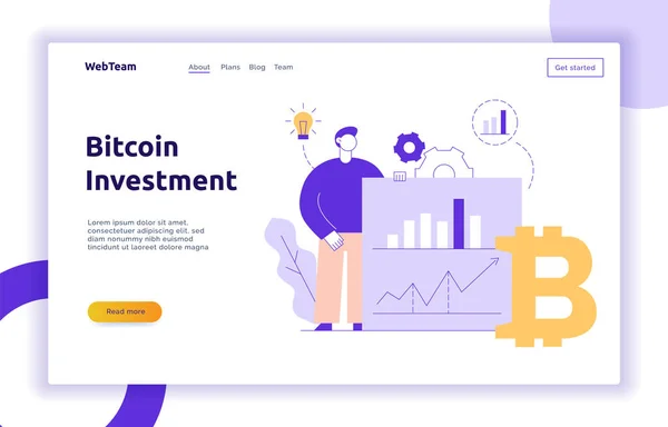 Vector bitcoin inversión moderna línea plana ilustración con grandes personas de moda. Concepto de diseño de banner web estrategia financiera . — Vector de stock