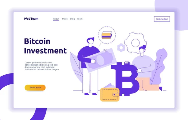 Vector bitcoin inversión moderna línea plana ilustración con grandes personas de moda. Concepto de diseño de banner web estrategia financiera . — Vector de stock