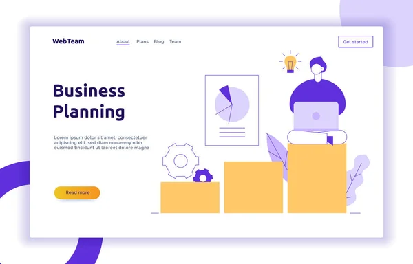 Plantilla de diseño de banner de página web de estrategia de negocio y finanzas vectoriales con grandes personas de línea plana moderna. Planificación, ilustración financiera — Vector de stock