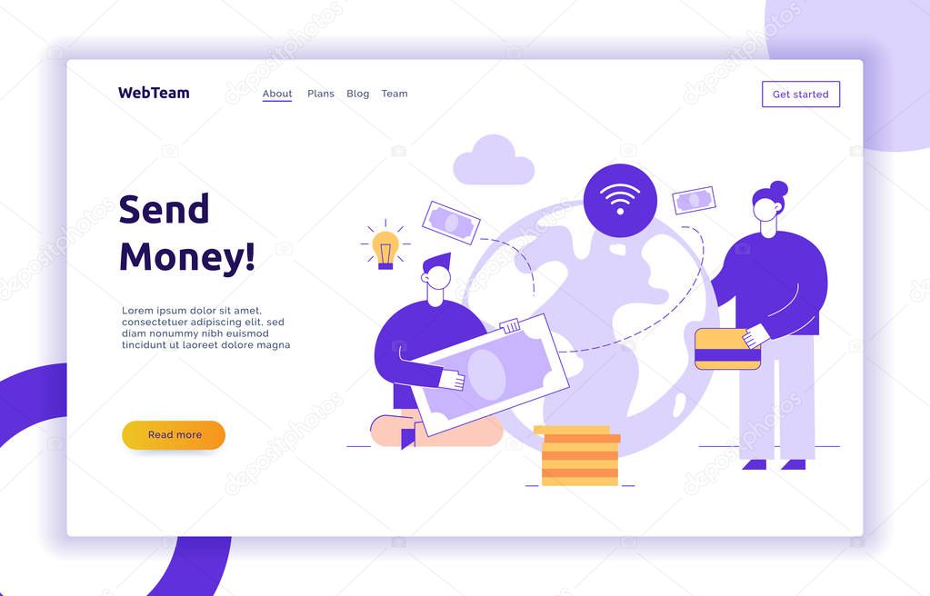 Vector electronic payment web page banner design template with big modern flat line people. Wireless money transfer, finance illustration