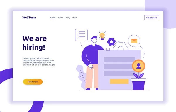 Vector trabalho em equipe e estratégia de negócios modelo de design de banner de página web com grandes pessoas de linha plana moderna. Estamos contratando recrutamento ilustração — Vetor de Stock