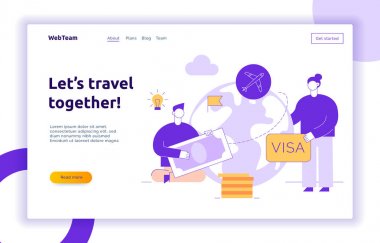 Büyük modern insanlar, erkek ve kadın dünya çapında seyahat ile Vektör seyahat illüstrasyon.